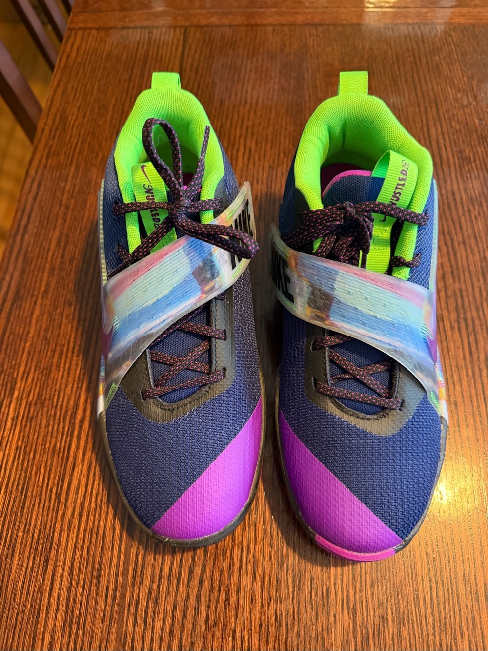 Nike Team Hustle D 12 Basketball Shoes - Navy, Purple & Neon Green